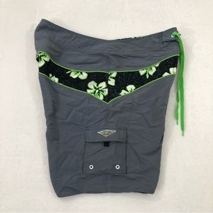 Hobie Surfboards Gray & Electric Green Floral Swim Trunks Boardshorts Mens 38.